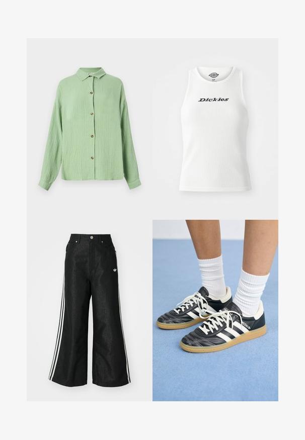 Camicia button-up verde chiaro con colletto, realizzata in tessuto testurizzato, maniche lunghe e bottoni marroni lungo la parte frontale. Vestibilità casual e finitura morbida.; Canotta bianca a costine con scollatura rotonda e design senza maniche, con la scritta "Dickies" in lettere nere sul petto.; Pantaloni in denim neri a gamba larga con tre strisce bianche su ciascun lato e un piccolo logo bianco. Presentano tasche frontali e chiusura con bottone.; Sneaker in pelle nera con strisce bianche, punta rotonda, lacci bianchi e suola in gomma. Menzionate del collare imbottito e dettagli del marchio.
