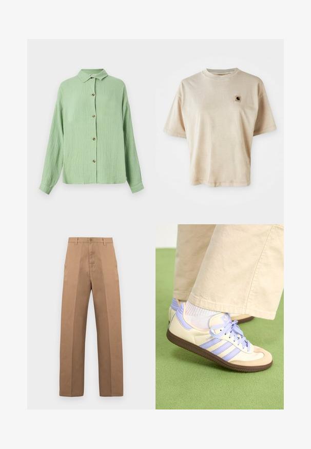 Hellgrünes, kragenloses Button-Up-Hemd aus strukturiertem Stoff, mit langen Ärmeln und braunen Knöpfen an der Vorderseite. Legere Passform und weiche Haptik.; Beige Baumwoll-T-Shirt mit lässigem Schnitt, Rundhalsausschnitt, kurzen Ärmeln und einem kleinen quadratischen Logo-Patch auf der linken Brustseite.; Braune Baumwollhose mit geradem Bein, ausgestattet mit Knopfverschluss, Gürtelschlaufen und minimalen Nähten für ein sauberes Erscheinungsbild.; Cremefarbene und lavendelfarbene Sneakers mit drei Streifen und einer strukturierten braunen Sohle, ausgestattet mit Schnürsenkeln und einer gepolsterten Ferse. Obermaterial aus weichem Stoff.
