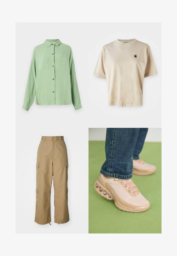 Light green, collared button-up shirt with a textured fabric, long sleeves, and brown buttons along the front. Casual fit and soft finish.; Beige cotton t-shirt with a relaxed fit, crew neck, short sleeves, and a small square logo patch on the left chest area.; Beige cargo pants with a high waist, wide legs, and four large side pockets. Made of durable fabric with a smooth texture and minimal detail.; Light beige athletic shoes feature a mesh upper, rubber sole, and rounded accents with metallic details. Worn with blue jeans on a green surface.