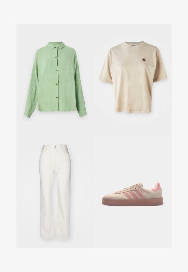 Light green, collared button-up shirt with a textured fabric, long sleeves, and brown buttons along the front. Casual fit and soft finish.; Beige cotton t-shirt with a relaxed fit, crew neck, short sleeves, and a small square logo patch on the left chest area.; White denim trousers with a high waist and wide-leg fit. Features a button and zipper closure, belt loops, and subtle stitching details.; Beige suede sneakers with light pink accents, textured rubber sole, and three pink stripes on the side. Rounded toe and lace-up design.