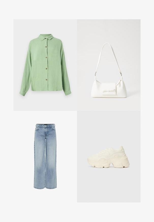 Heled roheline, krae ja nööpidega särk tekstuurse kangaga, pikkade varrukatega ja pruunid nööd ees. Looduslik lõige ja pehme viimistlus.; Heledad sinine laia säärega teksapüksid kõrge vöökoha, viie tasku ja peene pleekimisega. Omab vöörihmasid ja tõmbluku sulgemist.; Paksud valged tennised, mis on valmistatud tekstureeritud võrgu- ja sünteetilistest materjalidest, pakuvad paksu tallaga ja keerukat mustrit külgedel.; Valge sünteetilisest materjalist kott kolmnurkse kujuga, lame esiklapiga ja kaaredetailiga, reguleeritava rihmaga, sileda tekstuuriga ja minimalistliku disainiga.