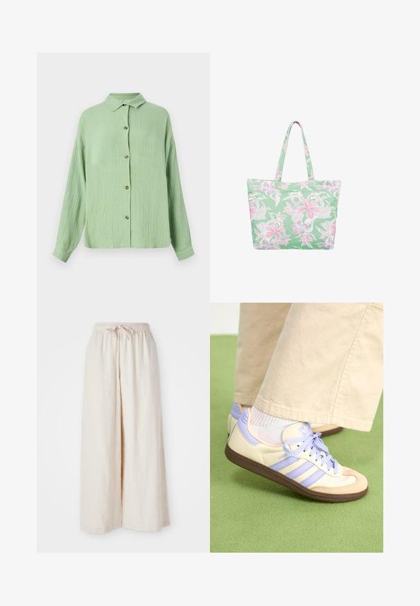 Lichtgroene, gekraagde button-up shirt van een textiel met een structuur, lange mouwen en bruine knopen aan de voorkant. Casual pasvorm en zachte afwerking.; Brede, crèmekleurige broek met een elastische tailleband en een trekkoord. Glad, lichtgewicht linnen stof, zonder zichtbare patronen of hardware.; Crème- en lavendel-sneakers met drie strepen en een gestructureerde bruine zool, voorzien van veters en een gewatteerde hiel. Zachte stoffen bovenkant.; Groene tas met een bloemmotief in roze en wit, met twee handgrepen en een klein label aan de voorkant. Van katoen of canvas.