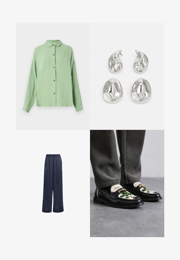 Svetlozelená košeľa s golierom a gombíkmi, vyrobená z textúrovanej látky, dlhé rukávy a hnedé gombíky pozdĺž prednej strany. Uvoľnený strih a jemný povrch.; Námornícké široké nohavice z hladkého materiálu s elastickým pásom a bez viditeľných kovových častí. Majú uvoľnený strih a dlhý dizajn.; Čierne kožené mokasíny s dekoratívnym zeleno-bielym textilným zvrškom. Obsahujú zlatý reťazový akcent a textúrovanú čiernu podrážku.; Strieborné náušnice s dvoma tvarmi v tvare kvapky a dvoma zaoblenými tvarmi, všetky s lesklým, odrazovým povrchom a hladkou štruktúrou.