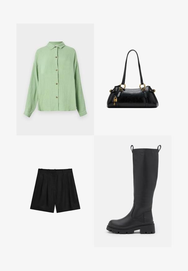 Jasnozielona, koszula z kołnierzykiem z guzikami, wykonana z teksturowanej tkaniny, z długimi rękawami i brązowymi guzikami z przodu. Luźny krój i miękkie wykończenie.; Czarne dopasowane szorty wykonane z gładkiego, lekkiego materiału. Posiadają fałdy, dwie boczne kieszenie oraz prosty krój paska.; Czarne, sięgające do kolan botki z gładkiej skóry, z masywną podeszwą i niewielkim obcasem. Posiadają uchwyty do zakupu oraz elastyczne boczne panele, co ułatwia ich zakładanie.; Czarna skórzana torebka o gładkiej fakturze, zaokrąglonym kształcie, złotych akcentach metalowych i podwójnych uchwytach. Posiada dekoracyjny zamek z boku.
