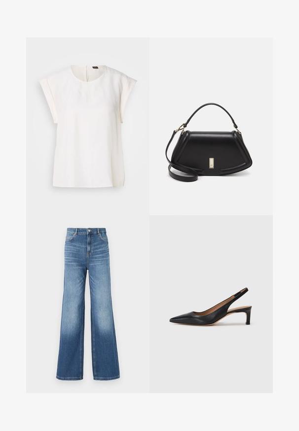 Weiße Kurzarmbluse mit Rundhalsausschnitt, glattem Stoff und unsichtbarem Reißverschluss hinten. Gerade Saumlinie und entspannter Schnitt.; Hellblaue Jeans in weiter Beinform mit hohem Bund, ausgestattet mit fünf Taschen, Gürtelschlaufen und einem subtilen Verblassen zum Saum hin.; Schwarze Leder-Slingback-Pumps mit spitzer Zehenform, niedrigem Absatz und glatter Textur. Verfügt über einen dünnen, verstellbaren Riemen für einen sicheren Sitz.; Schwarze Lederhandtasche mit einem strukturierten Design, das eine verkürzte Form, einen oberen Griff und goldfarbene Hardware-Details aufweist. Verstellbarer Schulterriemen ist enthalten.