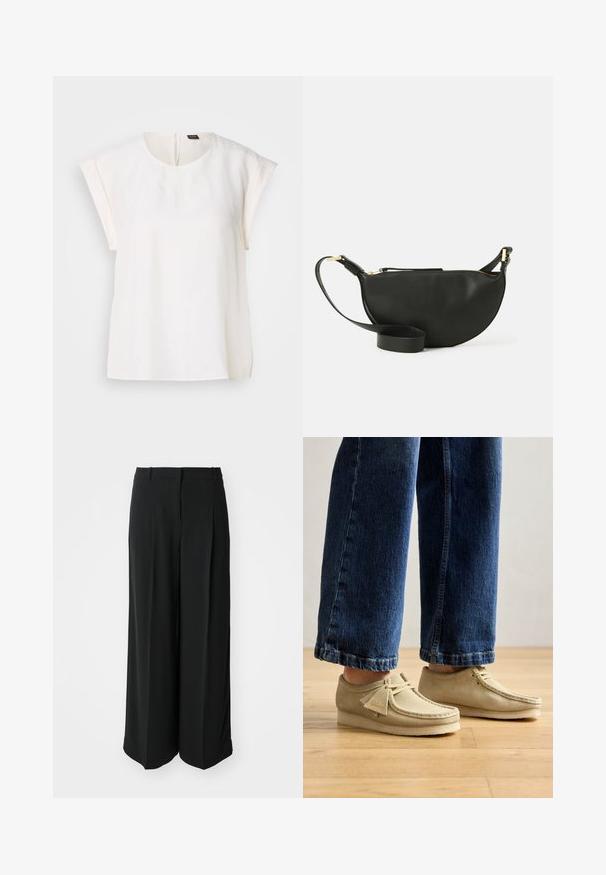 Balta trumpų rankovių bluzonė su apvalia iškirpte, lygia medžiaga ir nematomu užtrauktuku nugaros dalyje. Tiesus apatinis kraštas ir laisvas kirpimas.; Juodos plačios kelnės iš lygaus audinio, su aukštu liemeniu ir priekinėmis raukšlėmis, užtikrinančiomis pastatytą siluetą.; Smėliniai zomšiniai batai su apvaliais pirštais ir žemu profiliu. Yra raišteliais užsegami ir dekoruoti siuvinėjimais. Dėvimi su trumpais mėlynais džinsais.; Juodas odinis per petį nešiojamas krepšys pusmėnuliu, su tekstūruota paviršiumi, auksiniu užtrauktuku ir plokščiu dirželiu. Kompaktiškas dizainas, tinkantis būtiniausiems daiktams.