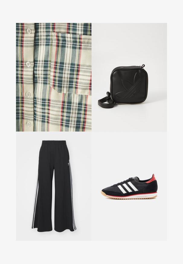 Camisa de cuadros en crema con acentos en verde oscuro, rojo y amarillo. Cuenta con un bolsillo y botones redondos, hecha de una suave tela tejida.; Pantalones de chándal negros de pierna ancha con una cinturilla elástica, que presentan franjas blancas a los lados y un logo bordado en el muslo izquierdo.; Zapatilla deportiva negra con rayas blancas, detalles de ante y un talón rojo. Textura de malla y suela de goma con dibujo marrón claro.; Bolso cruzado negro hecho de material sintético texturizado. Presenta un diseño de logo en relieve y correa ajustable. Cierre con cremallera.