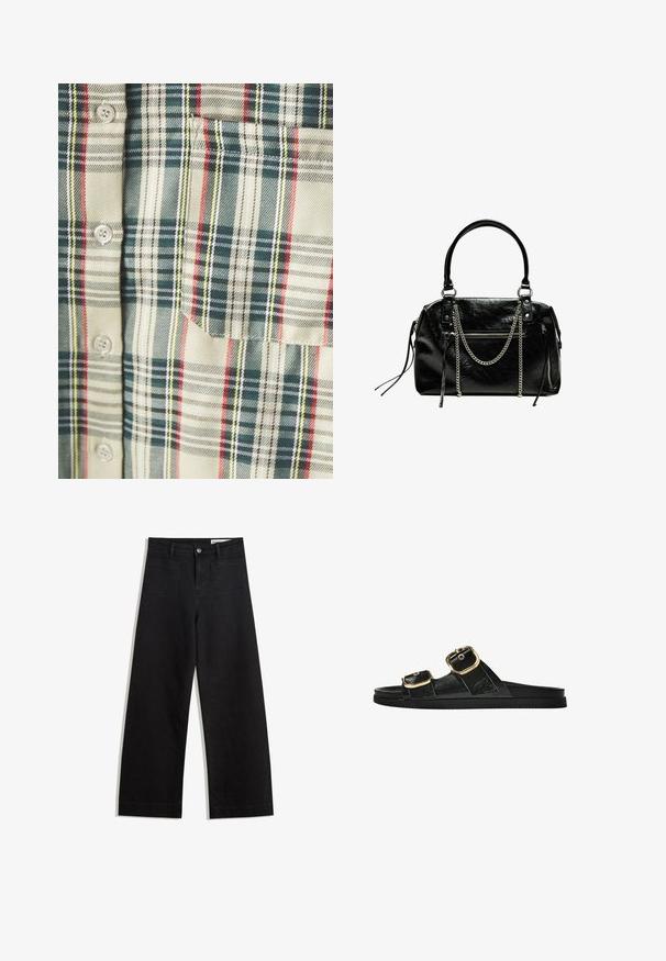 Plaid shirt in cream with dark green, red, and yellow accents. Features a pocket and round buttons, made from a soft, woven fabric.; Black wide-leg denim pants with a high waist, featuring front and back pockets, stitched seams, and a button closure. Smooth texture.; Black slide sandal with two gold buckle accents, smooth textured material, flat sole, and a minimalist design.; Bershka WITH CHAIN - Handbag - black