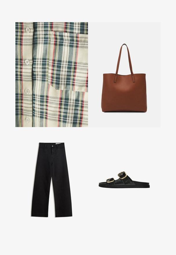 Kariran srajca v kremni barvi s temno zelenimi, rdečimi in rumenimi poudarki. Ima žep in okrogle gumbe, izdelana je iz mehkega, tkanega materiala.; Črne široke denim hlače z visokim pasom, ki imajo sprednje in zadnje žepe, šivane šive ter gumbasto zapiranje. Gladka tekstura.; Črne drsne sandale z dvema zlatima zaponkama, gladkega materiala, ravnim podplatom in minimalističnim dizajnom.; Rjava usnjena torba z gladko teksturo, odprto zasnovo zgoraj in dvema naramnima trakovoma. Opremljena je z minimalnim šivanjem in brez vidnih kovinskih delov.