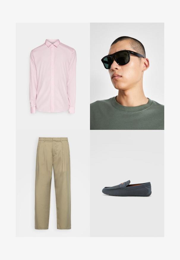 Hele roosa pika varrukaga särk, millel on nööpkrae, esine nööbid ja mansetid. Sile kangast tekstuur klassikalise disainiga.; Beežid, kõrge vöökoht ja sirge lõikega püksid, millel on lame esiosa, küljetaskud ja sile, tekstuuriga kangas.; Hallitusestatud perforatsioonidega hallad, millel on libisemisega disain, oranž aktsent, ümardatud varvas ja tekstureeritud kummist välispohjaga.; Mustade ristküliku kuju prillid tumedate läätsedega, millel on eriline kuju ja bränding templil. Kanda inimese poolt, kellel on seljas roheline särk.