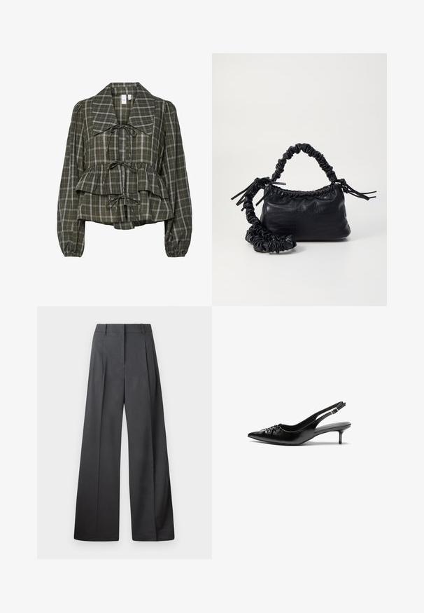 Olīvzaļā pārbaudes blūze ar garām piedurknēm, pārmērīgu apkakli, savilktu jostasvietu, pepluma detaļu un trim sasietām loku rindām priekšpusē.; Platās kājas bikses tumši pelēkā audumā, ar augstu jostasvietu, ar vienu uzpūstu vīli un gludu tekstūru ar tīru apdari ap malām.; Melni ādas sandales ar norādītu pirkstu, mazu kaķa papēdi un dekoratīvu mezglu detaļu priekšā. Gluda tekstūra visā virsmā.; Melnā mākslīgās ādas rokassoma ar krokodila rakstu, savilkta augšdaļa un saburzīta siksna. Izskatās mīksta un kompakta pēc dizaina.