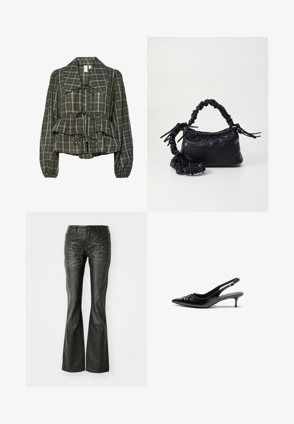 Broskvově zelená kostkovaná blůza s dlouhým rukávem, přehnaným límcem, nařaseným pasem, peplum detailem a třemi zavázanými mašlemi vpředu.; Černé kožené zvonové džíny s předními kapsami, kovovým zapínáním a mírně texturovaným povrchem. Rovný střih s dlouhým zakončením.; Černé kožené lodičky na slingback s špičatou špičkou, malým podpatkem typu kitten a ozdobným uzlem na přední straně. Hladký povrch po celém obvodu.; Černá kabelka z umělé kůže s krokodýlím vzorem, staženým vrškem a zmačkaným popruhem. Zdá se, že má měkký a kompaktní design.