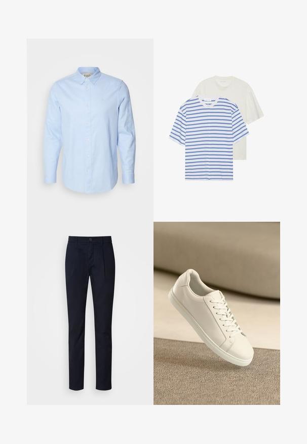 Light blue long-sleeve button-up shirt with a button-down collar, white buttons, and subtle embroidered logo on the left chest.; Two short-sleeve t-shirts: one white with blue stripes and one solid light cream. Soft cotton material, crew neck design, relaxed fit.; Navy blue slim fit trousers with front pleats, button and zipper closure, belt loops, and straight cut legs.; White leather sneaker with white laces, displayed on beige textured surface and soft blurred background.