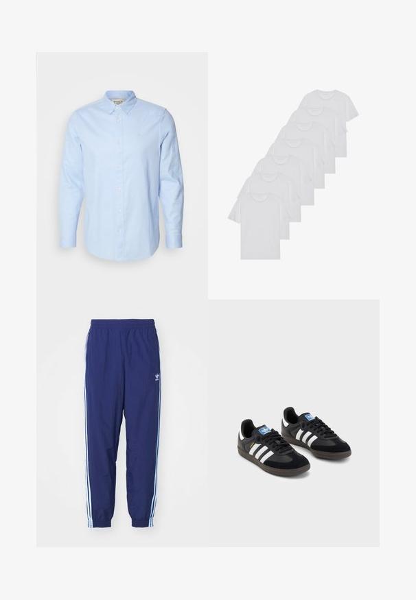Light blue long-sleeve button-up shirt with a button-down collar, white buttons, and subtle embroidered logo on the left chest.; White cotton T-shirts, short sleeves, crew neck design, plain texture, stacked in a row, with subtle branding at the neckline.; Navy blue athletic pants with elastic waistband, side pockets, and light blue stripes along the sides; made of lightweight fabric.; Black sneakers with a suede and synthetic upper, featuring three white stripes, textured rubber sole, and blue logo tag on the tongue.