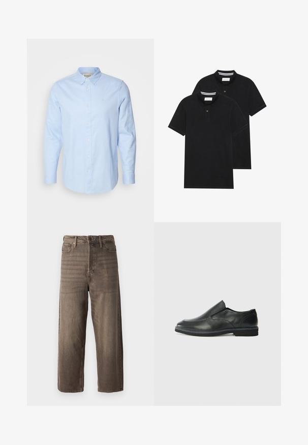 Chemise bleu clair à manches longues avec un col boutonné, boutons blancs et logo brodé discret sur la poitrine gauche.; Deux polos noirs, à manches courtes, en coton, avec un col classique, une patte de boutonnage à deux boutons, et des accents rayés blancs à l'intérieur du col.; Jeans ample marron en denim. Comprend une fermeture éclair, des passants de ceinture et cinq poches. Le tissu présente une apparence décolorée et texturée.; Chaussure slip-on en cuir noir avec une tige lisse, des accents cousus, un bout arrondi et un petit talon en caoutchouc. La semelle présente un profil de traction minimal.