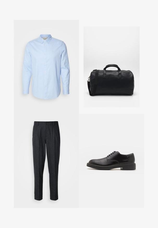 Svetlomodrá košeľa s dlhým rukávom, s gombíkovým golierom, bielymi gombíkmi a jemne vyšívaným logom na ľavej hrudi.; Pánske nohavice na mieru z tmavosivej látky s tenkými vertikálnymi pruhmi; sú vybavené gombíkovým zapínaním a plisovaným predným dizajnom.; Čierne kožené šnurovacie topánky s okrúhlou špičkou, hladkým povrchom, minimálnym prešívaním a nízkym gumovým podpätkom. Logo na podpätku.; Čierna športová taška vyrobená z textúrovaného syntetického materiálu. Má dve uši a nastaviteľný ramenný popruh. Jednoduchý dizajn bez viditeľných vzorov.