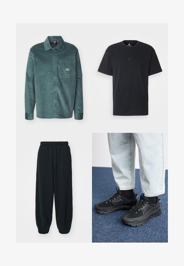 Dickies Ing - lincoln green; Fekete pamut póló Nike márkájú, klasszikus, kerek nyakú, rövid ujjú, és letisztult, dombornyomott logóval a mellkason. Simább textúra.; Fekete, rugalmas derékpántos melegítőnadrág, laza fit, véget érő szárakkal, sima textúrával, látható minták vagy hardver díszek nélkül.; Fekete sportcipők texturált anyaggal és gumitalppal, elasztikus fűzőkkel és kék kiegészítővel a saroknál. Világos farmernadrággal viselve.