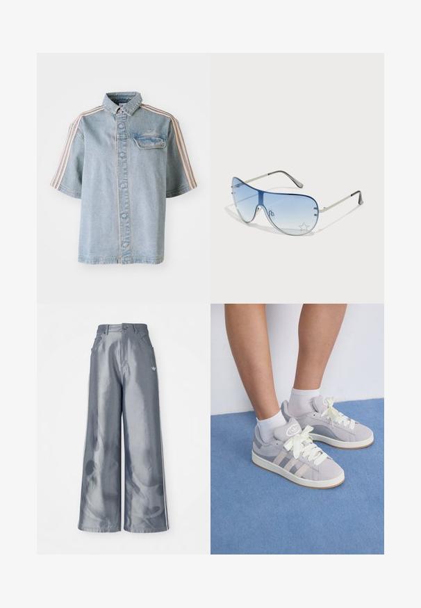 Koszula dżinsowa z przednią kieszenią, z zapięciem na guziki oraz różowymi paskami na ramionach, wyeksponowana na jednolitym białym tle.; Niebieska i czarna, w paski oversize'owa koszula z jednym odkrytym ramieniem, z białym nadrukowanym tekstem i trzema białymi paskami na rękawie.; Szerokie spodnie w błyszczącym szarym kolorze, z białymi paskami po bokach i wzorem płomieni na dolnej części nogawek. Zapięcie na guzik i zamek błyskawiczny w talii.; Szare zamszowe sneakersy z białymi sznurówkami i gumową podeszwą, z trzema ukośnymi paskami po boku oraz naszywką z logo na języku.; Okulary przeciwsłoneczne typu aviator z gradientowymi niebieskimi szkłami, srebrną metalową oprawą oraz dekoracyjnymi akcentami w kształcie gwiazdek na soczewkach. Gładki i elegancki design.