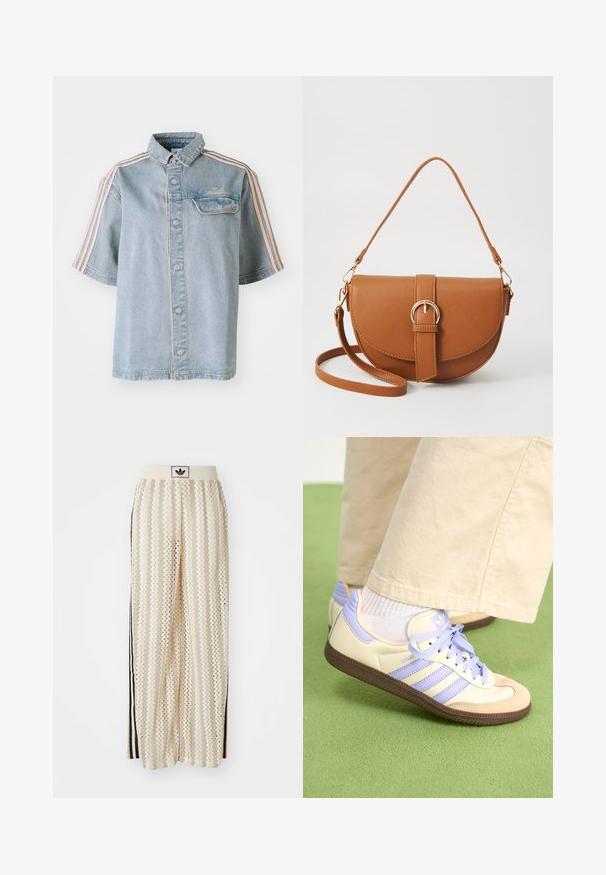 Denimskjorte med lomme foran, knappelukking og rosa striper langs skuldrene, vist mot en enkel hvit bakgrunn.; Kremfargede bukser med brede ben og zigzag-mønster, med en svart logo-linning og svarte striper på siden. Lett, teksturert stoff.; Kremfargede og lavendelfargede joggesko med tre striper og en teksturert brun såle, med lisser og en polstret hæl. Mykt stofføvre.; Brun lærcrossbody-veske med en buet form, gullhardware og et spenneakcent. Har en avtakbar skulderreim.