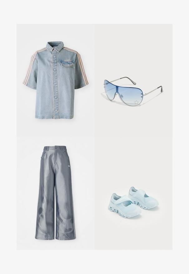 Farmering ing, elülső zsebbel, gombos záródással és rózsaszín csíkokkal a vállakon, egy sima fehér háttér előtt.; Fényes szürke anyagú, bőszárú nadrág, fehér oldalsávokkal és lángmintával az alsó lábakon. Gombos és cipzáras záródás a deréknál.; Világoskék sportcipők hálós anyagból, hangsúlyos kivágásokkal a talpban, és tépőzáras pánttal a tetején a biztos illeszkedés érdekében.; Pilóta napszemüveg, melynek áttetsző kék lencséje, ezüst fém kerete és díszes csillag díszítések találhatók a lencsén. Simogató és elegáns dizájn.