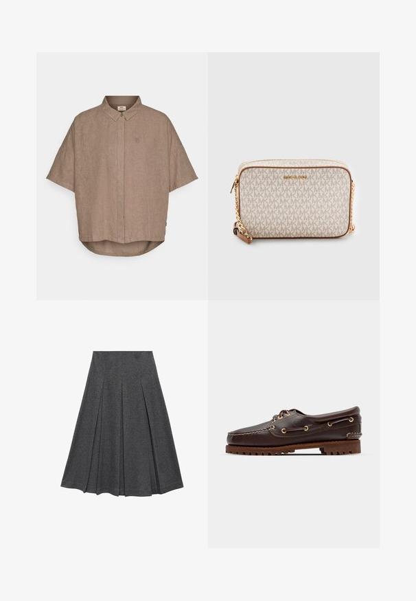 Kratega rjava lanena srajca s kratkimi rokavi, gumbastim ovratnikom, sprednjim gumbom in majhnim logotipom na levi strani. Ukrojena spodnja robna linija.; Siva plisirana krila s razširjenim oblikovanjem, izdelana iz mehke tkanine. Ima vertikalne plisirane detajle in gladek pas za prilegajoč videz.; Rjave usnjene čolnarske čevlje z zlatimi očesi, okroglicami in teksturiranim rjavim gumijastim podplatom. Ima šivano podrobno obdelavo in dvignjen logotip.; Bežna torba preko ramena, izdelana iz platna z ponavljajočim se vzorcem MK logotipa, zlato kovinsko okovje in verižni pas. Ima zadrgo in usnjene detajle.