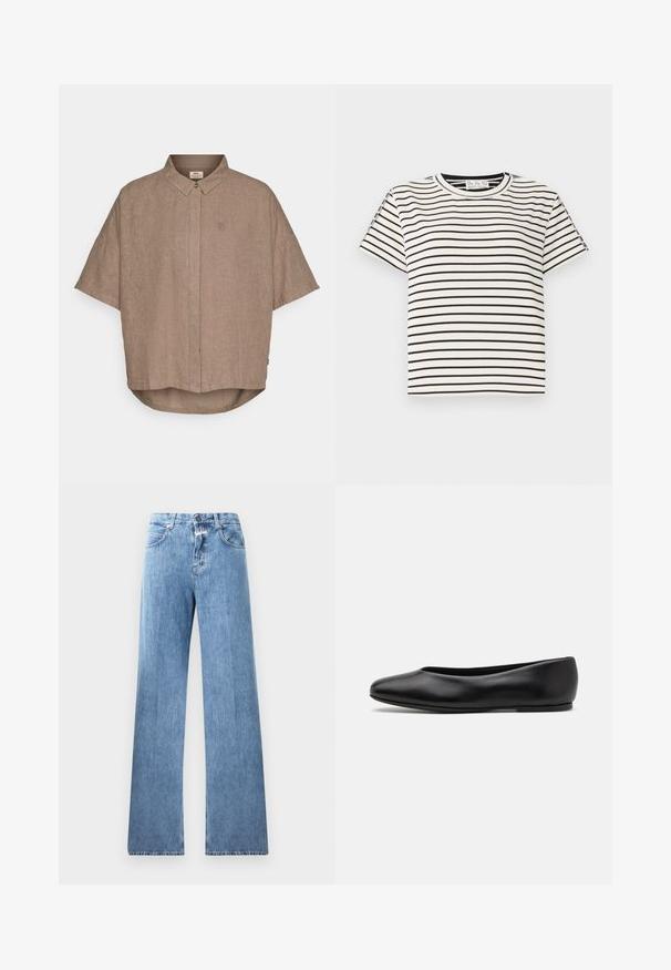 Hnědá lněná košile s krátkým rukávem, s límcem na knoflíky, předním zapínáním a malým logem na levé straně. Zakřivený lem na spodní části.; Bavlněné tričko s krátkým rukávem a kulatým výstřihem, s černými vertikálními pruhy na bílém pozadí a s rovného střihu.; Světle modré džíny s širokým střihem, pěti kapsami, poutky na opasek a zapínáním na knoflík. Látka má hladkou texturu.; Paul Smith TOPANGA - Klasické baleríny - black