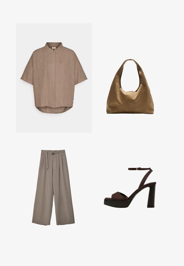 Hnedá ľanová košeľa s krátkym rukávom, s gombíkovým golierom a predným zapínaním, s malým logom na ľavej strane. Krajkový lem na spodnej časti.; Široké nohavice v jemnej, tlmenej šedej tkanine, s opaskom v pase a vreckami pre dodatočný dizajnový detail. Hladký povrch, bez vzorov.; Hnedé semišové sandále na vysokom podpätku s otvorenou špičkou, nastaviteľným členkovým remienkom a pruhovanou platformovou podrážkou.; Hnedá látková taška cez rameno s širokým, zaobleným telom a veľkým vyrezaným uchom. Mäkčená textúra, minimalistický dizajn a bez viditeľného kovania.