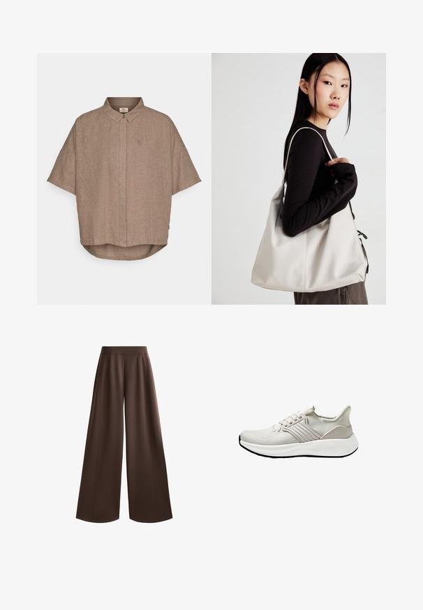 Hnědá lněná košile s krátkým rukávem, s límcem na knoflíky, předním zapínáním a malým logem na levé straně. Zakřivený lem na spodní části.; Volné kalhoty v jednobarevné tmavě hnědé barvě, s hladkým povrchem, vysokým pasem a předními sklady pro zvýraznění designu.; Lehké sportovní boty v béžovém síťovaném materiálu s texturovaným povrchem, vybavené bílou podešví a tónovými bočními detaily. Jednoduchý design na šněrování.; Beige kabelka vyrobená z měkkého materiálu, s volným designem, prošívanými detaily a dvěma ramenními popruhy. Vhodná pro každodenní použití.
