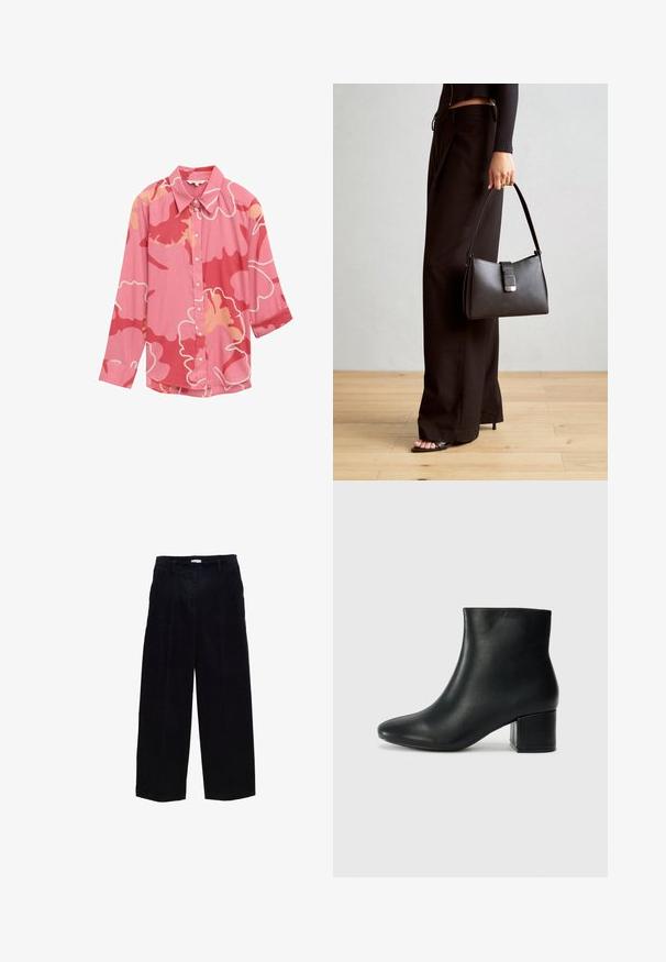 Rosa Langarmhemd mit floralem Muster in verschiedenen Rosatönen, klassischem Kragen und Knöpfen an der Vorderseite.; Navyblaue Cordhosen mit weitem Bein, geradem Schnitt, vorderen Falten und subtiler Textur. Mit Gürtelschlaufen und Metallreißverschluss.; Schwarze Leder-Ankle-Boots mit spitzem Zehenbereich und klobigem Absatz. Glatte Textur mit minimalen Akzenten und einem eleganten, taillierten Design.; Schwarze Handtasche mit strukturierter Form, glatter Textur und einem metallischen Verschluss. Kombiniert mit weiten schwarzen Hosen und offenen Sandalen auf einem Holzboden.