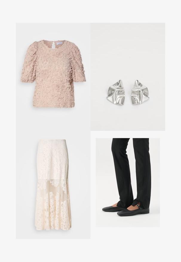 Top de encaje floral en tono blush, con mangas cortas abullonadas, escote redondo y cierre en la espalda con forma de llave, presentando un diseño texturizado y en capas.; Falda midi de encaje floral en crema; cuenta con un diseño en capas con secciones transparentes, encaje texturizado y un dobladillo acampanado.; Bailarinas de cuero negro con punta afilada, correa con hebilla de plata, combinadas con pantalones negros ajustados que presentan un dobladillo con abertura.; Pendientes de metal plateado con un diseño ondulado y escultórico, que presentan un acabado pulido y formas irregulares, destacando una estética contemporánea.