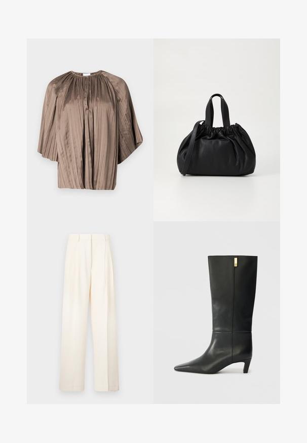 Brūna kroko blūze ar apaļu kakla izgriezumu, plīvuru piedurknēm un pogu rullīti priekšā. Izgatavota no gludas, plūstošas auduma.; Platas kājīgas bikses krēmkrāsā, izgatavotas no gludas auduma. Iezīmēta ar veidotu dizainu, priekšējiem ieplakumiem un taisnu griezumu.; Melnas ādas ceļgala auguma zābaki ar smailu purngalu un mazu papēdi. Īpašības ietver elegantu dizainu ar zeltu akcenta detaļu. Gluda tekstūra.; Melnas ādas rokassomu ar savākta augšdaļa dizainu, kas aprīkota ar divām īsām rokturiem un garu regulējamu siksnu. Gluda tekstūra, noapaļota forma.