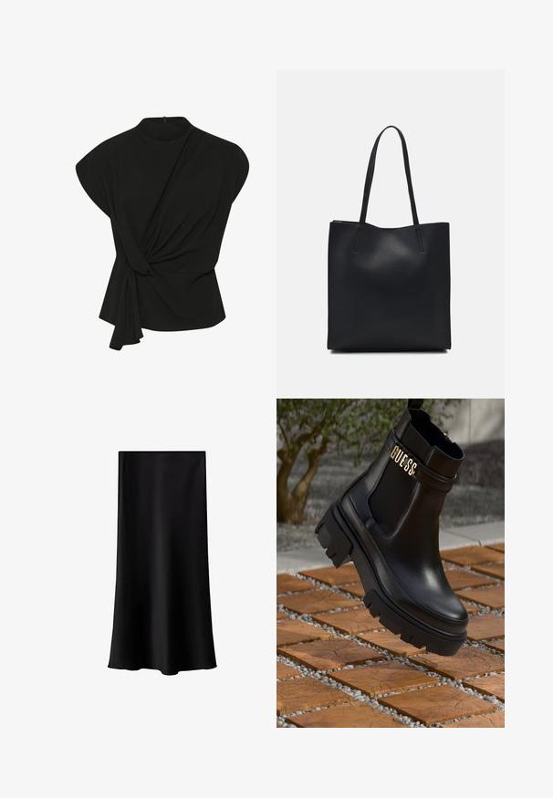 My Essential Wardrobe SANDY - Bluse - black; Schwarze Midischürze aus glattem, leichtem Stoff. Sie hat einen geraden Schnitt, keine sichtbaren Beschläge und ein schlichtes Design ohne Muster.; Schwarze Leder-Ankle-Boots mit einer groben Gummisohle, elastischen seitlichen Einsätzen und einem goldenen Akzent mit "GUESS"-Markierung.; Schwarze Laptoptasche aus Leder mit glatter Textur, rechteckiger Form und zwei langen Griffen. Keine sichtbaren Beschläge oder Verzierungen.