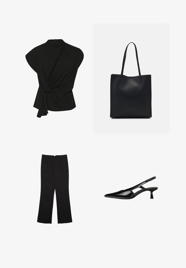 My Essential Wardrobe SANDY - Bluse - black; Sorte bukser med lige pasform, der har frontlommer og slidser i kanten. Lavet af blødt, glat stof. Velegnet til forskellige anledninger.; Sorte patentlæder slingback hæle med spids tå, udskåret sideskærm og en lille firkantet hæl. Glat tekstur med minimale detaljer.; Sort læder tote taske med glat tekstur, rektangulær form og to lange hanke. Ingen synlig hardware eller udsmykninger.