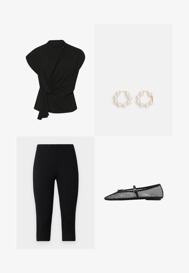 My Essential Wardrobe SANDY - Bluse - black; Schwarze Capri-Leggings aus dehnbarem Material, die eng anliegen und eine glatte Textur aufweisen, ohne auffällige Muster oder Akzente.; Schwarze Netz-Balletflats mit spitz zulaufender Zehenpartie, dekorativem Riemen und dezentem Akzent. Sie verfügen über ein offenes Netzdesign und eine flache Sohle.; Perlenohrringe mit einer Klammer aus goldfarbenem Metall. Das Design umfasst mehrere glatte, weiße Perlen in kreisförmiger Anordnung.