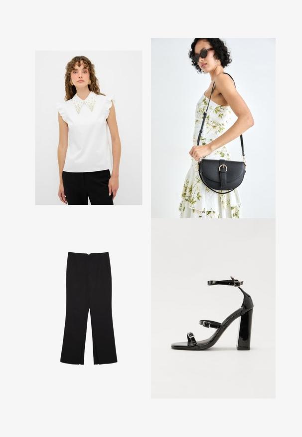 adL WITH STONE COLLAR - Camicetta - white; Pantaloni neri a gamba dritta, con tasche frontali e spacchi laterali all'orlo. Realizzati in tessuto morbido e liscio. Adatti a diverse occasioni.; Sandali con tacco in vernice nera, con punta squadrata, cinturini alla caviglia e fibbie in argento. Presentano un tacco a blocco spesso per maggiore stabilità.; Borsa a tracolla nera in pelle con una forma curva, manico rimovibile e accessori dorati. La borsa presenta una patta con un dettaglio a fibbia.