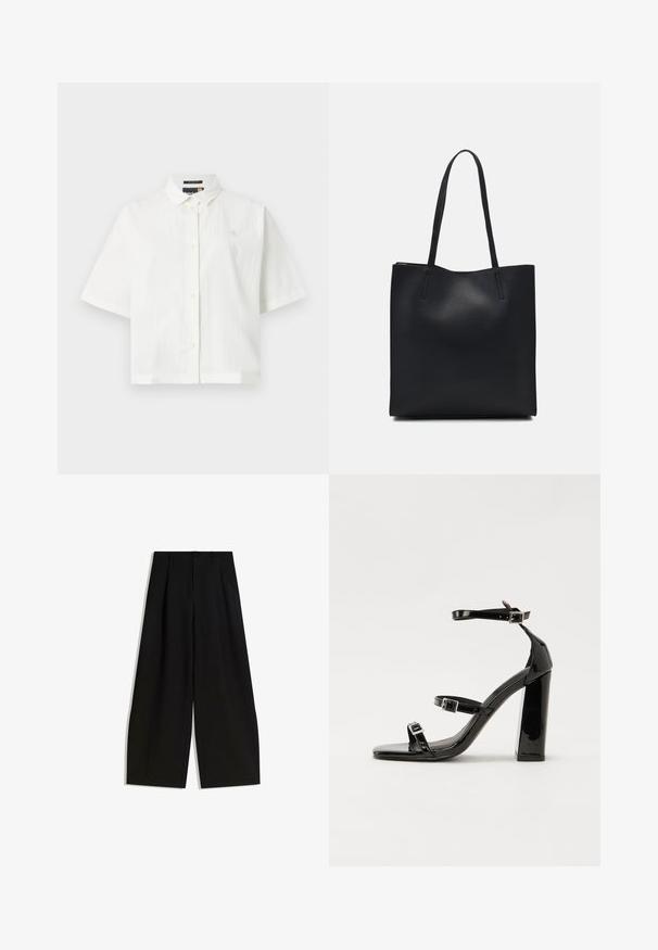 Fehér, rövid ujjú ing strukturált anyagból, klasszikus gallérral és gombos záródással. Kicsi logó a mellkason. Kényelmes, laza szabás.; Fekete, széles lábú nadrág, sima anyagból készült, magas derékkal, elöl redőkkel, díszítések vagy minták nélkül.; Fekete lakk magas sarkú szandál négyzet alakú orral, bokapántokkal és ezüst csatokat tartalmaz. Masszív blokk sarka a stabilitásért felel.; Fekete bőrtáska sima felszínnel, téglalap alakú, két hosszú füllel. Nincs látható fémkiegészítő vagy díszítés.