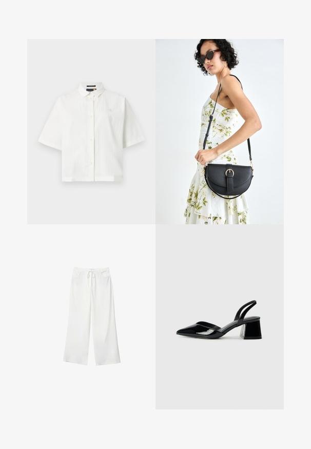 Bela kratka majica s kratkimi rokavi iz teksturirane tkanine, običajen ovratnik in zapiranje na gumb. Majhen logotip na prsih. Ohlapen kroj.; Bela široka hlače iz mehkega materiala, z vrvico v pasu in dvema sprednjima žepoma. Gladek texture in brez vidnih vzorcev.; Črne lakirane slingback pete s koničastim nosom in geometrijsko blokasto peto. Imajo eleganten, minimalističen dizajn in gladko teksturo.; Črna usnjena torbica s ukrivljeno obliko, z odstranljivo naramnico in zlatimi dodatki. Torbica ima pokrov s podrobnostmi v obliki zaponke.