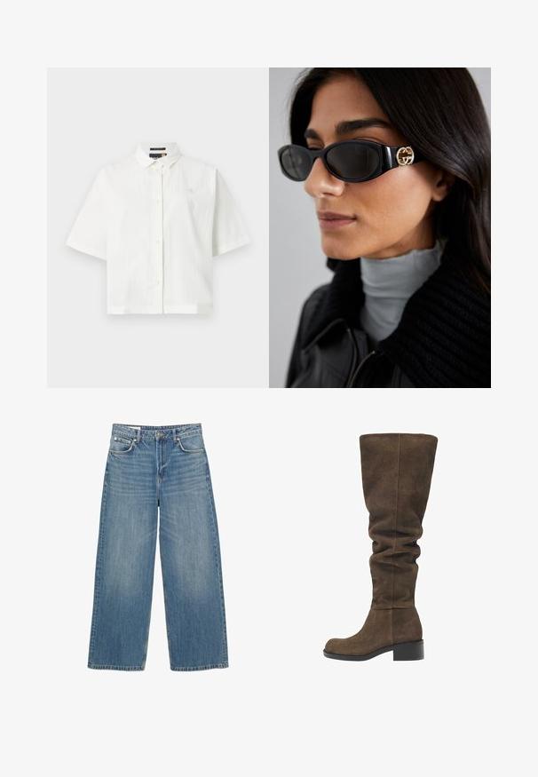 Fehér, rövid ujjú ing strukturált anyagból, klasszikus gallérral és gombos záródással. Kicsi logó a mellkason. Kényelmes, laza szabás.; Világoskék, széles szárú farmernadrág. Jellemzői közé tartozik az öt zseb, gombos záródás és tiszta szegés. Megfakult az egész felületen, hogy textúrát adjon.; Barna velúr térd fölötti csizmák, laza fazonnal, kerek orral és alacsony blokkinemettel. Simább textúra egyszerű varrás részletekkel.; Fekete napszemüveg, sima, téglalap alakú kerettel, arany logóval az oldalon. Sötét lencsék és fényes felület jellemzi.