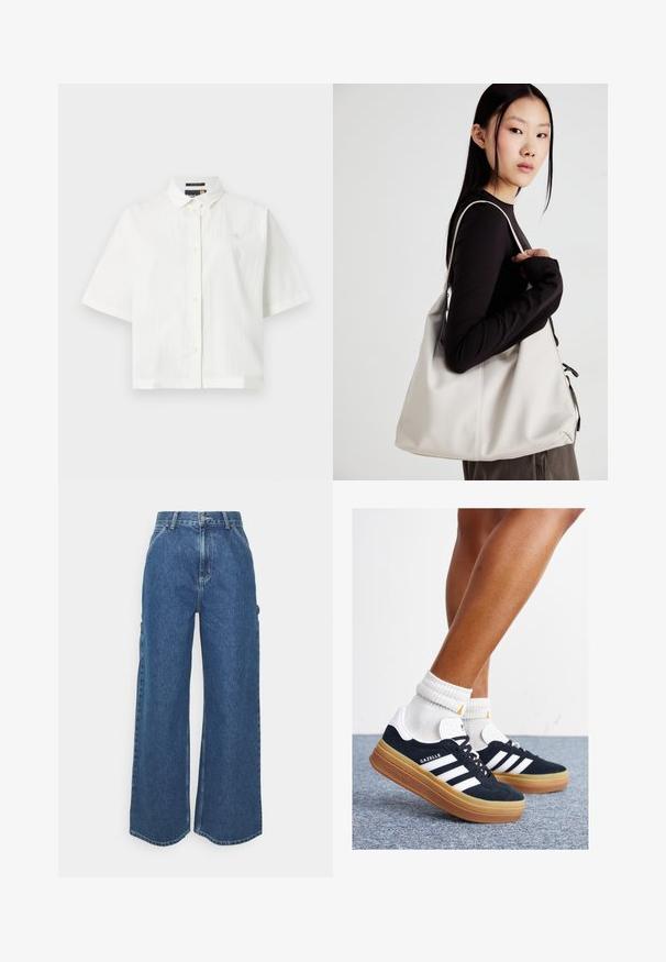 Camisa blanca de manga corta con un tejido texturizado, cuello clásico y cierre de botones. Pequeño logo en el pecho. Diseño de corte relajado.; Pantalones vaqueros de pierna ancha en azul con cintura alta, costuras en contraste y bolsillos laterales, que cuentan con un diseño clásico de cinco bolsillos y dobladillos sin rematar.; Zapatillas deportivas de gamuza negra con rayas y detalles blancos, puntera redondeada, suela de goma color caramelo, combinadas con calcetines blancos acanalados a la altura del tobillo.; Bolso de mano beige hecho de material suave, con un diseño holgado, detalles cosidos y dos asas. Adecuado para uso diario.
