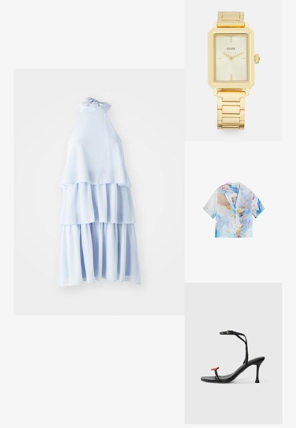 Korte mouwen shirt met een lichtblauwe en pastel abstracte print, knoopsluiting en een ontspannen fit met een notch-kraag.; Lichtblauwe halterjurk van zachte stof, met drie gelaagde tiered en een vloeiende silhouet en een gestrikt nektekening.; Zwarte hoge hak sandaal met een dunne enkelband en een rode accent op de teen. Heeft een strak ontwerp en een glanzende afwerking met een stiletto hak.; Gouden rechthoekige polshorloge met een minimalistisch ontwerp, voorzien van een crèmekleurige wijzerplaat, gouden wijzers en een metalen schakelband. Merktekens bevatten de merknaam.