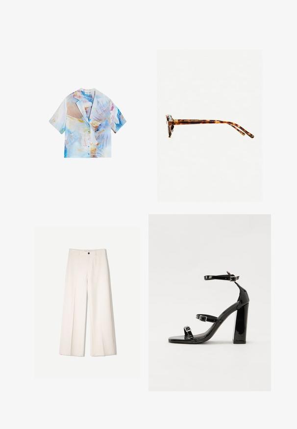 Cămașă cu mânecă scurtă, cu un imprimeu abstract de culoare albastru deschis și pastel, cu închidere cu buton și o croială lejeră, având guler cu tăietură.; Pantaloni largi de culoare crem, cu un design croit, având două buzunare la față și o închidere cu un singur nasture în față, realizați dintr-un material neted.; Sandale cu toc din patent negru, cu vârf pătrat, curele la gleznă și catarame din argint. Dispune de un toc gros pentru stabilitate.; Ochelari de soare cu ramă de țestoasă, cu un cadru gros, temple ușor curbate și textură netedă. Prezintă un design clasic, cu o finisare lucioasă.