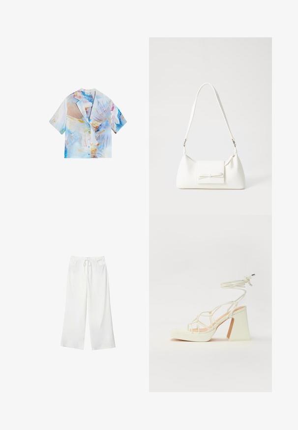 Košile s krátkým rukávem s abstraktním potiskem v světle modré a pastelových barvách, s knoflíkovým zapínáním a uvolněným střihem s klopovým límcem.; Bílé široké kalhoty vyrobené z měkké látky, které mají pružný pas a dvě přední kapsy. Hladký povrch a žádné viditelné vzory.; Bílé sandály na vysokém podpatku s robustním podpatkem, s designem s pásky a zavazováním kolem kotníku. Hladký povrch s platformou vpředu pro zvýšení výšky.; Bílá syntetická kabelka v trojúhelníkovém tvaru, s plochým předním klopným víkem a detailem mašle, nastavitelným popruhem, hladkým povrchem a minimalistickým designem.