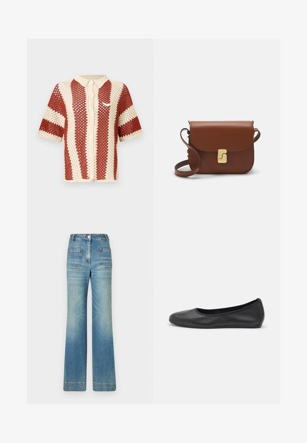 Lühikeste varrukatega trikotaažpolišü laster pehme koorekirjaga ja rustikuga, millel on tekstureeritud avatud kudumine, krae ja nööpide etteaste. Lisatud logo aktsent.; Valge lühikeste varrukatega T-särk ribatud kangast. Ümara kaelusega, tavalisest sobivusest ja peente õmbluse detailidega. Ilma mustrite või graafikateta.; Heledad sinine denimist laienevad teksad viie tasku, vöödega, nööbiga kinnitusega ja kergelt tuhmise tekstuuriga, tagaküljel punane logo detail.; Musthave mustika tantsutossud mustast nahast, ümmarguse varbaga, siledast tekstuurist, minimaalse õmblusdetailiga ja paindliku tallakujundusega.; Pruunist nahast käekott, millel on klapiga sulgur, kuldne riistvara, õlarihm ja sile tekstuur. Kompaktne ristkülikukujuline vorm.