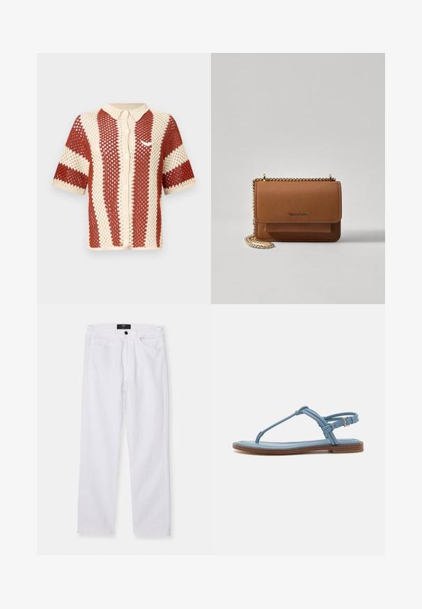 Rövid ujjú kötött póló krém és rozsdabarna színben, amelynek texturált nyitott szövete, gallérja és gombos elülső része van. Tartalmaz egy logós díszítést.; Fehér farmernadrág egyenes szabással, öt zsebes dizájnnal és elöl gombos zárással. Simább textúrával és látható varrással rendelkezik.; Kék bőr pántos szandál lapos talppal, vékony pánt dizájnnal és csatos záródással a bokán a biztos illeszkedés érdekében.; Barna textúrájú bőr keresztbody táska arany lánc pánttal és fedélzárral. Az elején logó részlet és egy zseb található a fedél alatt.