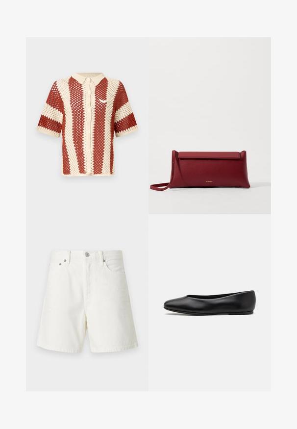 Short-sleeve knit shirt in cream and rust, featuring a textured open weave, a collar, and a button-up front. Includes a logo accent.; White denim shorts with a straight cut, five-pocket design, front button closure, silver hardware, and stitched detailing.; Paul Smith TOPANGA - Ballet pumps - black; Red leather clutch bag with a textured finish, featuring a flat fold-over top and a short strap. Subtle brand logo on the front.