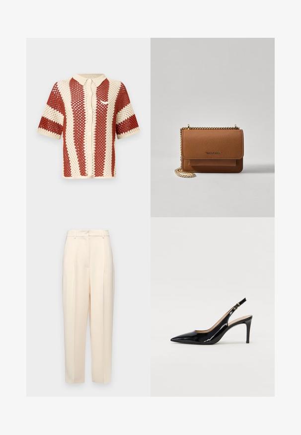 Lühikeste varrukatega trikotaažpolišü laster pehme koorekirjaga ja rustikuga, millel on tekstureeritud avatud kudumine, krae ja nööpide etteaste. Lisatud logo aktsent.; Beežid kohandatud püksid otse lõikega, ees volditud, siledast tekstuurist ja keskmise kõrgusega vöökoht. Nähtavaid taskuid ei ole.; Must hõbedavärvi patendiga slingback kontsakingad terava varbaga, kitsas konts ja peene lõikega disain. Statistika on kuldne pandla rihmal.; Pruun tekstureeritud nahk ristkeha kott kuldse ahelaga rihmaga ja klapiga sulgemine. Esiküljel on logo detail ja tasku klapi all.