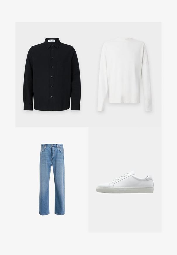 Černá košilová bunda s límcem, jednou náprsní kapsou, dlouhými rukávy a rovním lemem. Vyrobena z texturované tkaniny.; Bílá bavlněná košile s dlouhým rukávem a kulatým výstřihem, s bočními rozparky na spodní části a hladkým povrchem, vystavená zezadu.; Světle modré džínové kalhoty s rovnými nohavicemi, pěti kapsami, zapínáním na knoflík, minimálním vyblednutím a kontrastním prošitím.; Bílé tenisky s hladkým koženým svrškem a nízkým profilem. Mají zaoblenou špičku, šest nýtů a texturovanou gumovou podrážku.