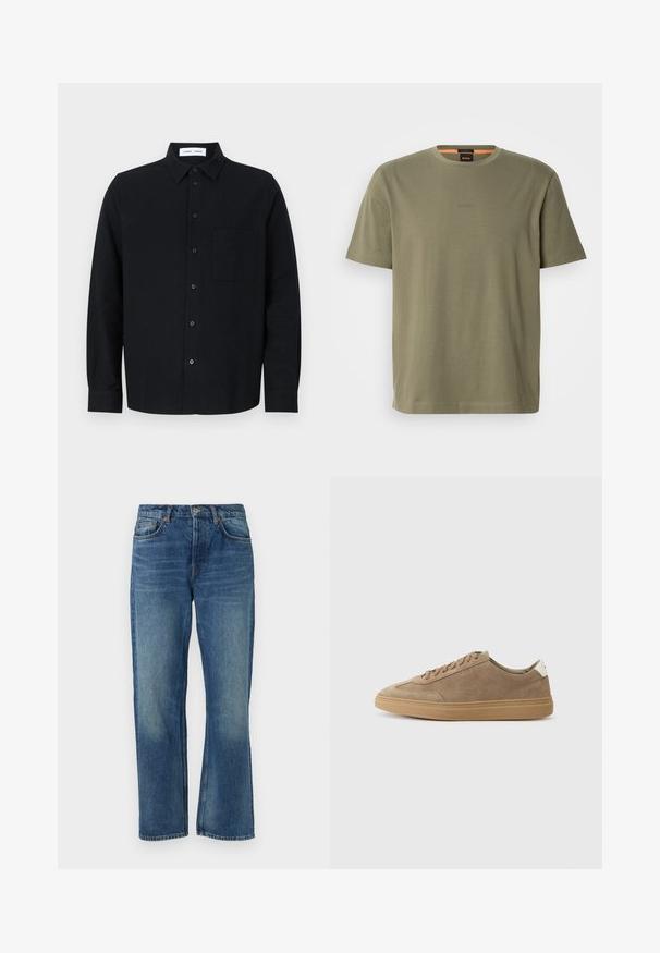 Camicia nera con bottoni, colletto, tasca sul petto, maniche lunghe e orlo dritto. Realizzata in tessuto testurizzato.; T-shirt in cotone verde oliva con collo a giro e maniche corte, caratterizzato da un logo in rilievo discreto sul petto e una vestibilità comoda.; Jeans in denim blu con taglio dritto, caratterizzati da un classico design a cinque tasche, texture sbiadita e dettagli in rivetti di rame.; Sneakers scamosciati di colore marrone chiaro con suola in gomma. Presentano un design con lacci e uno stile minimalista, accentuato da una linguetta sul tallone bianca.