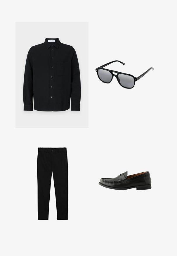 Schwarzes Hemd mit Knopfleiste und Kragen, einer Brusttasche, langen Ärmeln und geradem Saum. Aus strukturiertem Stoff gefertigt.; Weiße Baumwoll-Tanktops, ärmelloses Design, runder Ausschnitt, schlichte Textur, aus einem weichen, leichten Stoff. Zwei Stücke ausgestellt.; Schwarze maßgeschneiderte Hosen mit Knopfverschluss, Gürtelschlaufen und schmalem, geradem Bein, auf einem weißen Hintergrund präsentiert.; Schwarze Lederloafers mit glatter Oberfläche, abgerundetem Zehenbereich, handgestochener Detailarbeit und einer niedrigen Gummisohle. Klassisches und vielseitiges Design.; Schwarze Sonnenbrille mit rechteckigen Rahmen, grauen getönten Gläsern und einer Aussparung im Nasensteg. Schlanker, glänzender Kunststoff, mit schmalen Bügeln.