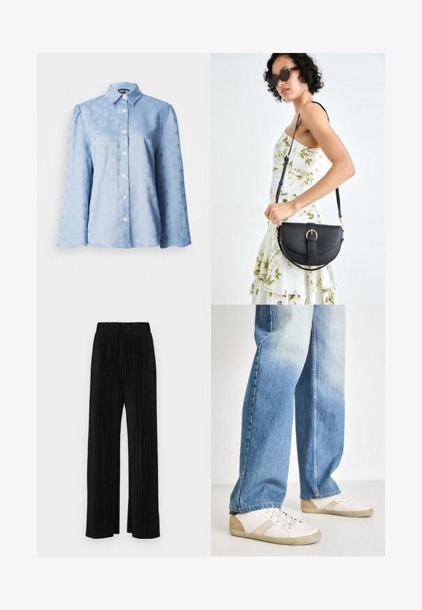 Light blue long-sleeve blouse featuring a textured floral pattern, pointed collar, and white buttons down the front.; Black pleated trousers with an elastic waistband. Features wide legs and a smooth, textured fabric with vertical stripes.; White sneakers with beige accents and textured detailing, paired with light blue, slightly distressed denim jeans, relaxed fit.; Black leather handbag with a curved shape, detachable strap, and gold hardware. The bag features a flap with a buckle detail.